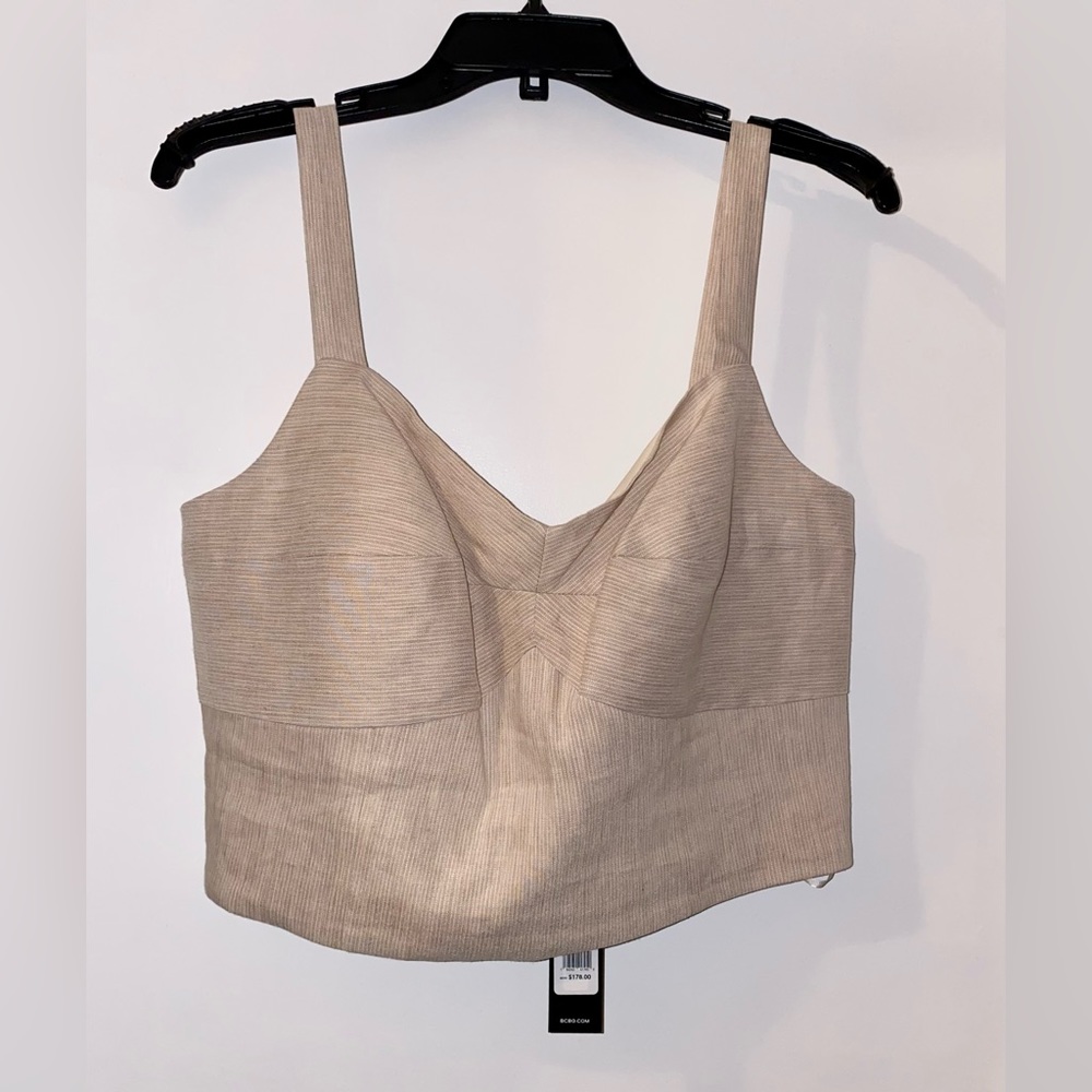 NWT BCBG MaxAzria Women’s linen crop top Tan Stripe pattern